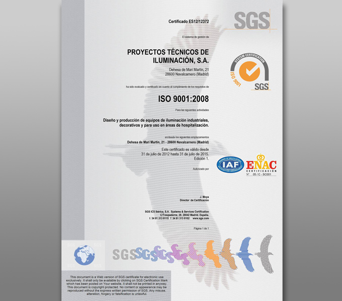 Certificado Calidad ISO 9001 - Proyectos Técnicos de Iluminación